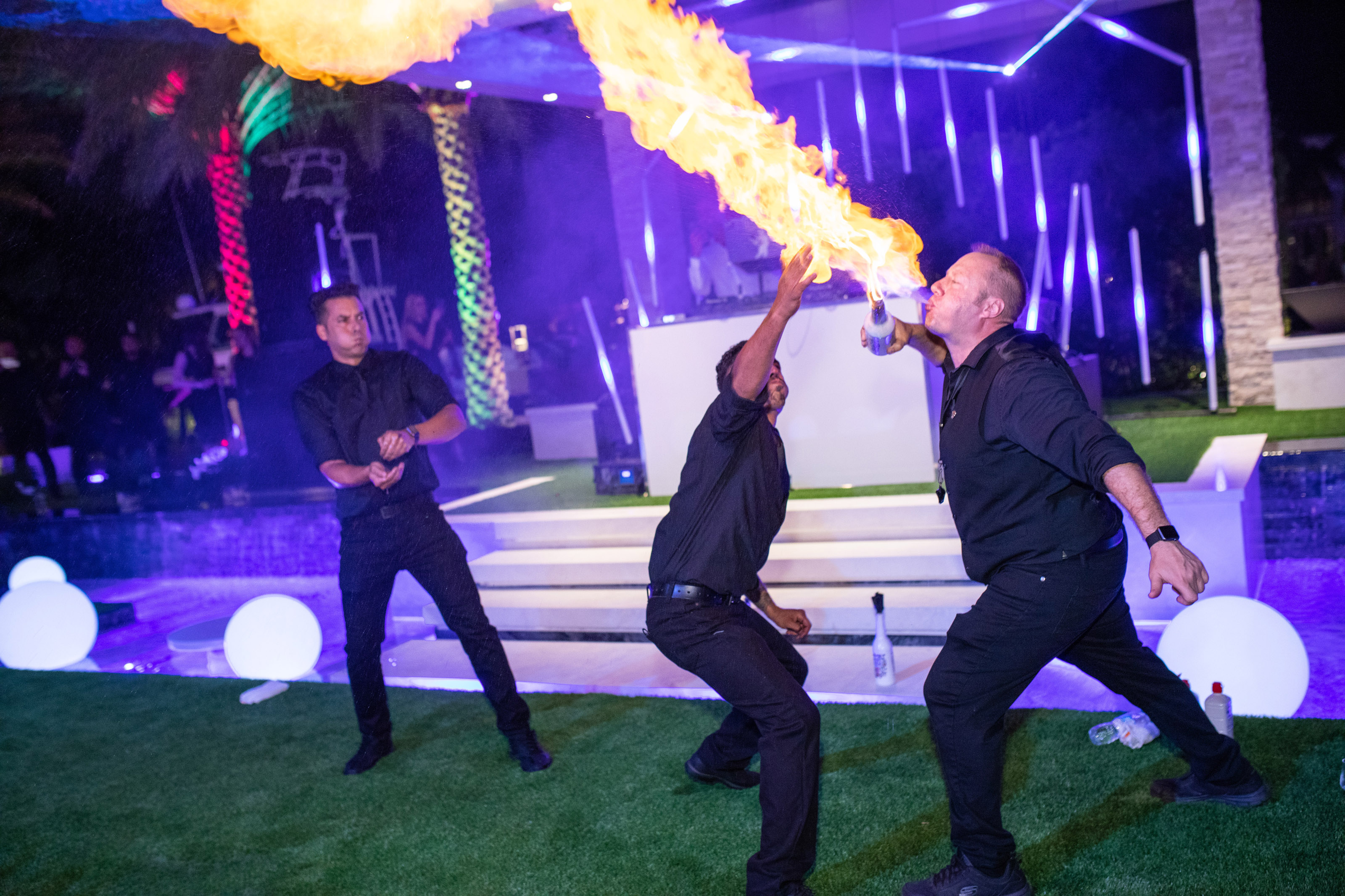 Fire performers at a private estate night, F1 weekend