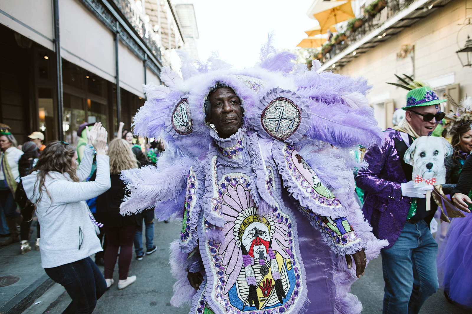 Mardi Gras Indian in full hand-beaded suit, French Quarter, New Orleans