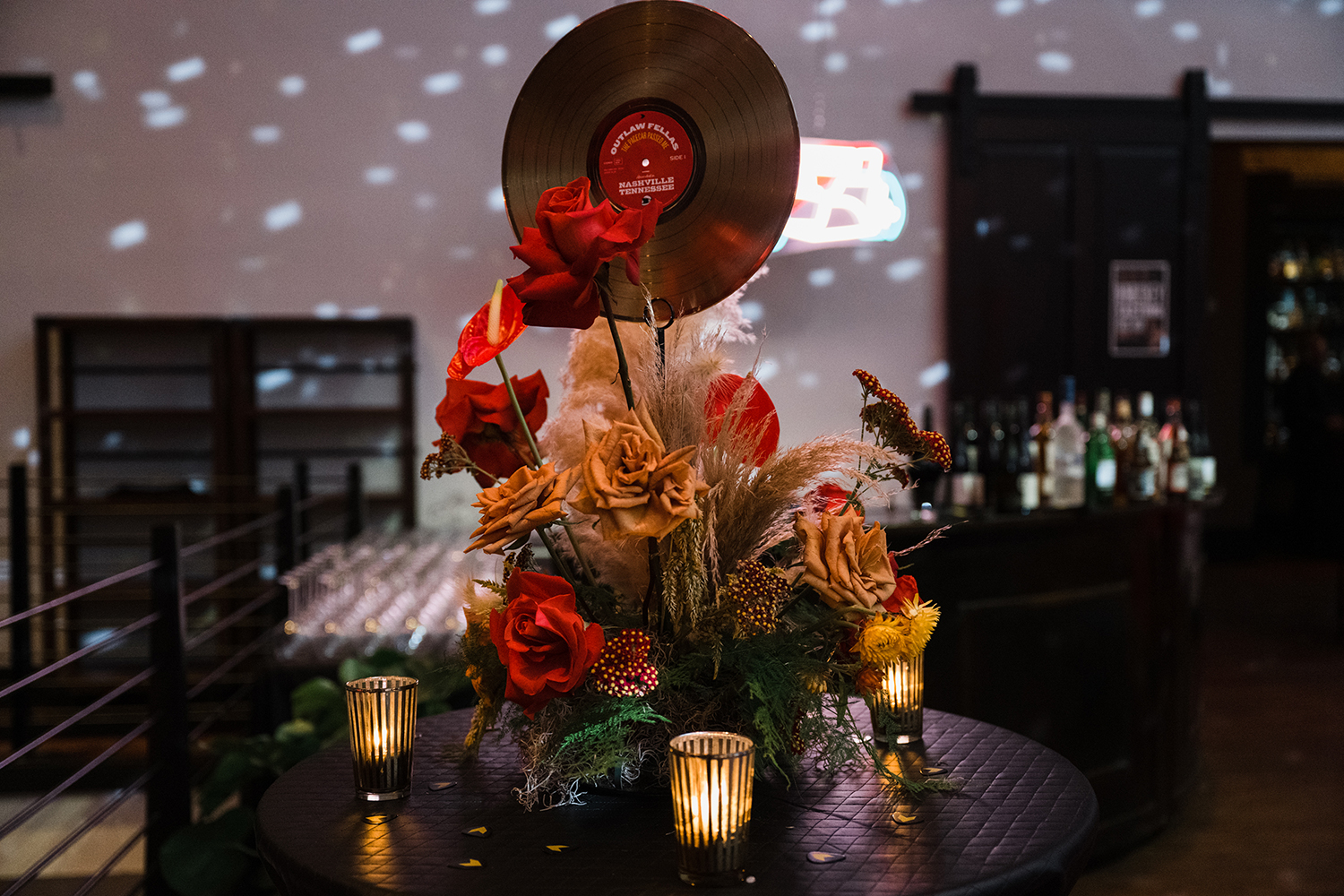 Event design detail with red florals, Nashville